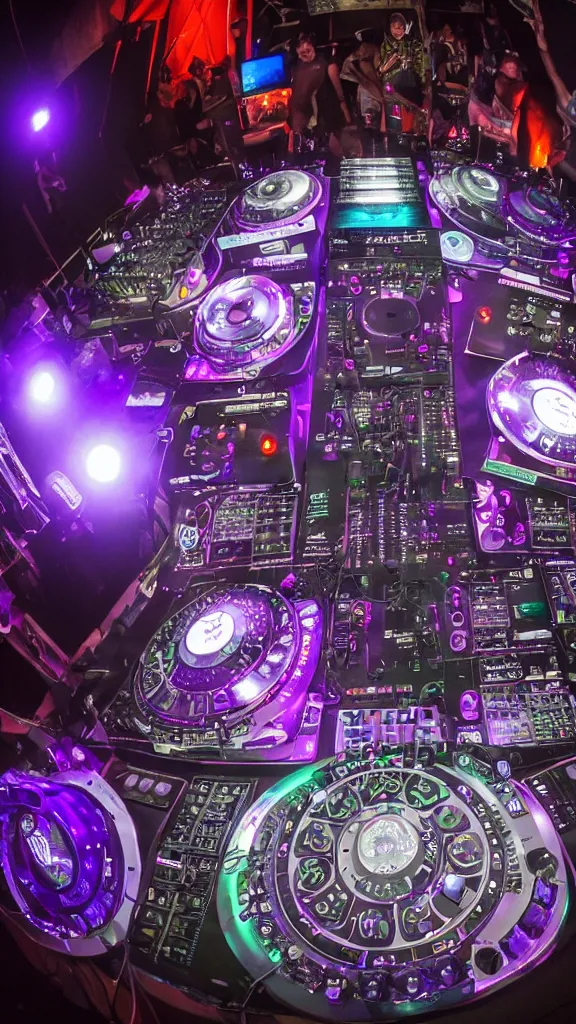 Image similar to award winning photo of an octopus! as a dj with tentacles! simultaneously placed turntables cdjs and knobs of a pioneer dj mixer. sharp, in front of a large crowd, studio, medium format, 8 k detail, volumetric lighting, wide angle, at an outdoor psytrance festival main stage at night