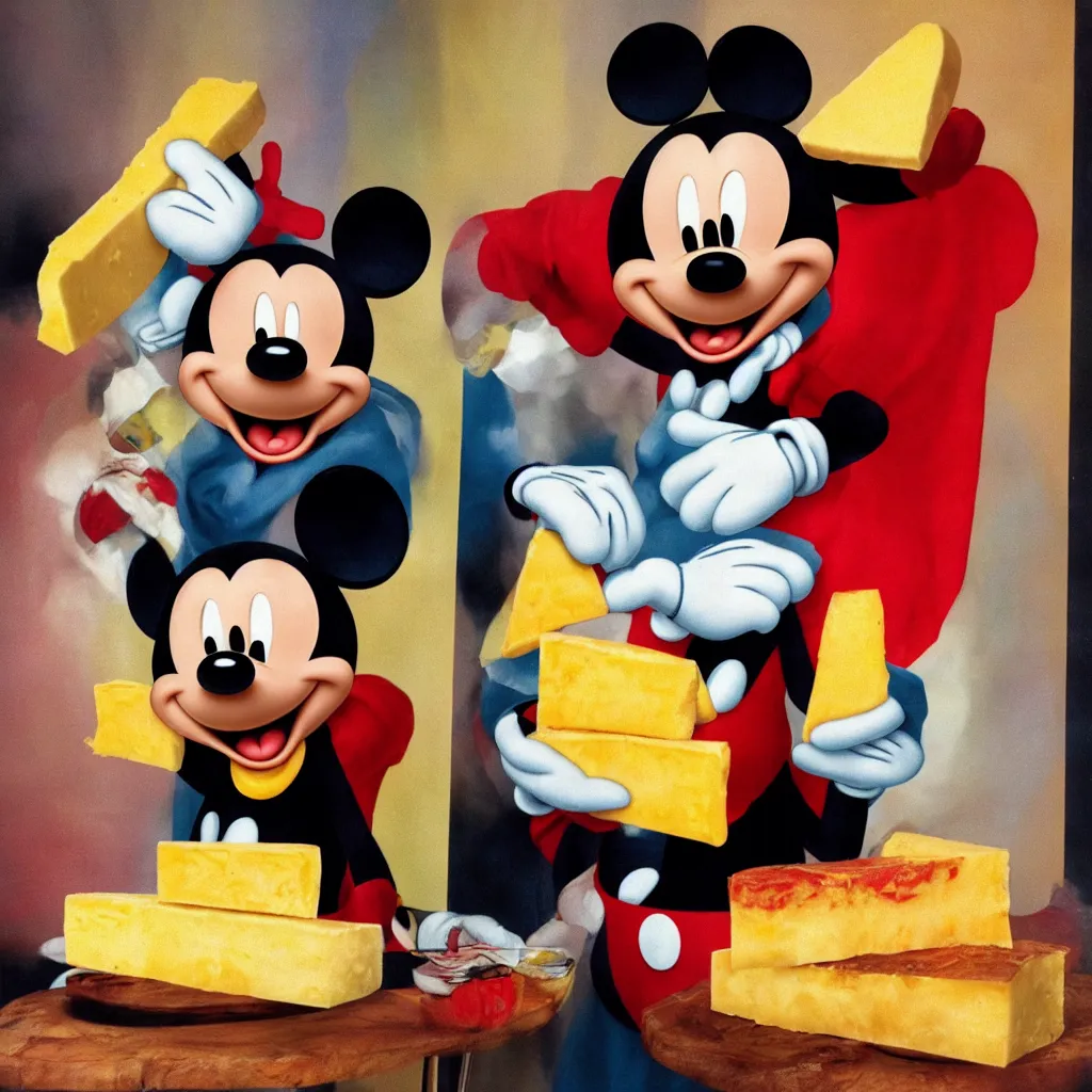 Prompt: a solo portrait of mickey mouse transformed into a block of cheese ektachrome photograph