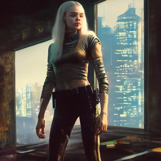 Prompt: ultra realistic medium shot portrait painting of elle fanning in cyberpunk 2 0 7 7, art by frank frazetta, 4 k, ultra realistic, highly detailed, epic lighting