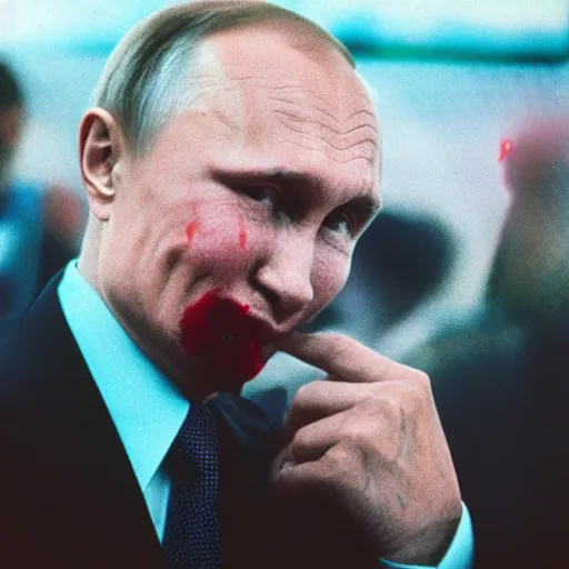 Prompt: photo of Putin with blood splatter on his face, cinestill, 800t, 35mm, full-HD