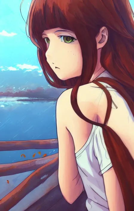 Prompt: a colorful scene of a girl with brown hair, anime, detailed background, female, trending on artstation, by studio ghibli