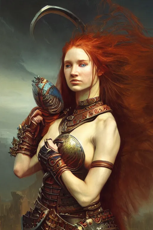 Image similar to beautiful female warrior, half body portrait, ginger hair, ornate armour, realistic oil painting by Thomas Cole and Wayne Barlowe