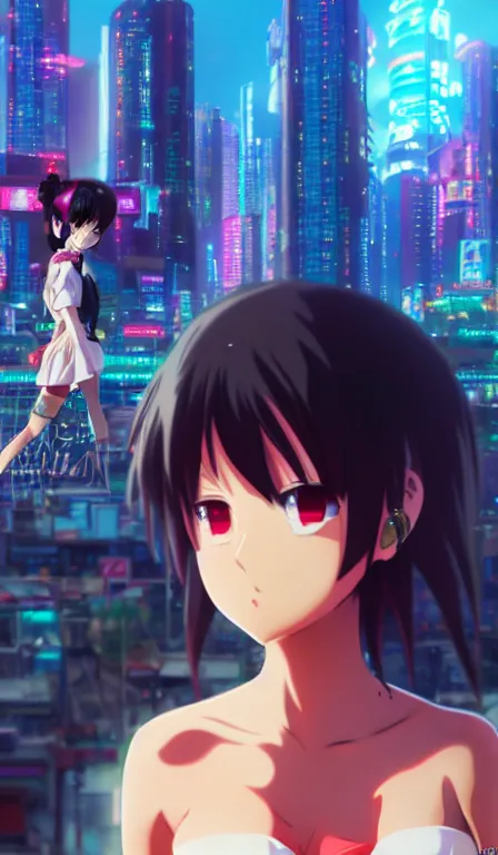 Image similar to anime fine details portrait of Momo Yaoyorozu in front of cyberpunk moder city landscape on the background deep bokeh, close-up view, anime masterpiece by Studio Ghibli. 8k, sharp high quality anime, artstation