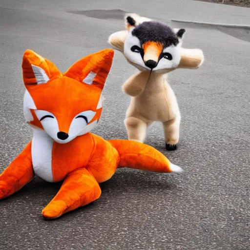 Image similar to Two fox! plushies playfully wrestling on the sidewalk, dynamic, motion blur, 1/4 shutter speed, award winning photography