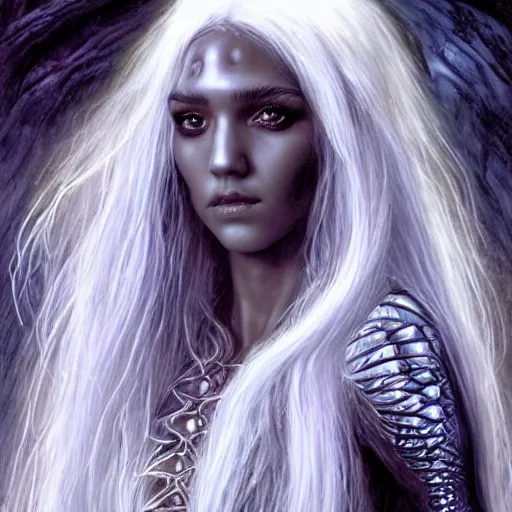 Prompt: head and shoulders portrait of an obsidian - skinned, white - haired drow elf spider wizard portrayed by young jessica alba, in a crystal cavern, d & d, fantasy, luis royo, magali villeneuve, donato giancola, wlop, krenz cushart