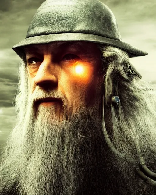 Image similar to gandalf with cybernetic enhancements, androidscifi character portrait by 1 / 4 headshot, cinematic lighting, dystopian scifi gear, gloomy, profile picture, mechanical, half robot, implants, steampunk