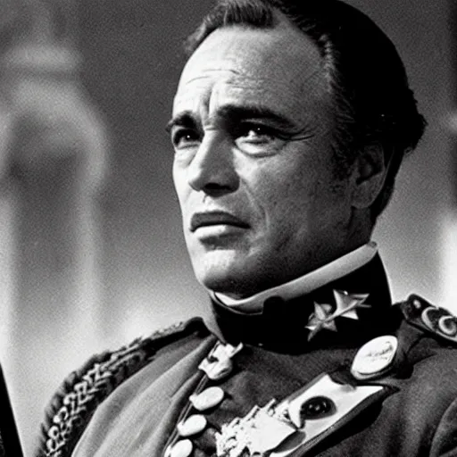 Prompt: Still of Marlon Brando as the General Montero leading the revolution of Costaguana in the 19th century from the film by David Lean, Nostromo, cinematic, technicolor