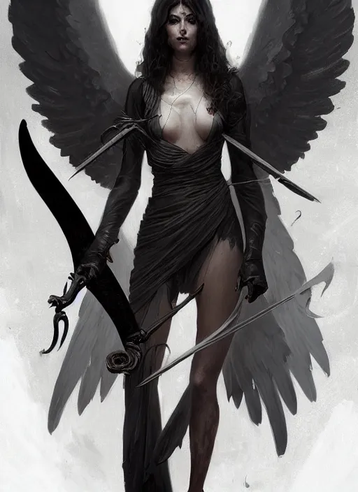 Image similar to a portrait of a beautiful angel of death with black wings holding a large scythe by marco bucci and greg rutkowski, sharp focus, very detailed, cinematic, closeup, trending on artstation, 4 k