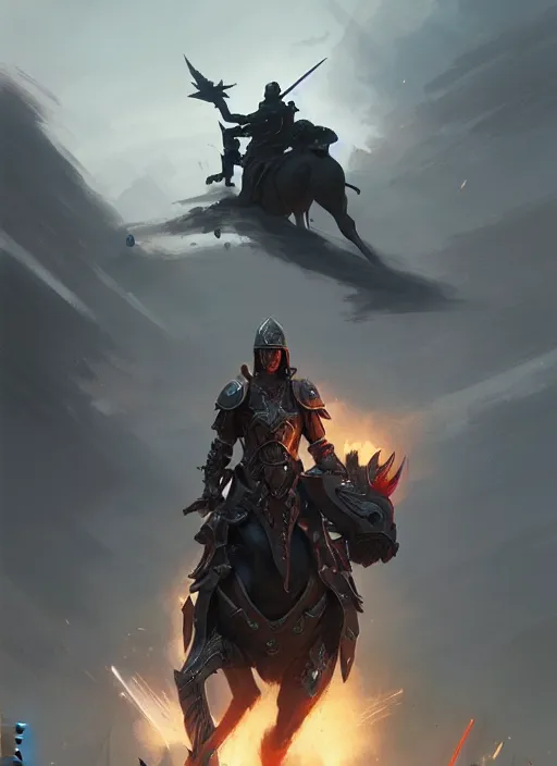 Image similar to epic war commander with futuristic helmet holding two gigantic sword and riding a standing horse. highly detailed, digital painting, concept art, smooth, sharp focus, illustration, art by greg rutkowski