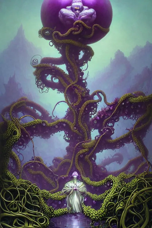 Prompt: On a domed structure made of tentacled purple vines, there is an orc fused and blended with the vines, a purple crystal pulsing in his chest, orc on vines, orc fused with vines, orc merged with vines, Peter Mohrbacher, Beksiński and Jeff Easley, artwork by Peter Mohrbacher, Zdzisław Beksiński and Jeff Easley