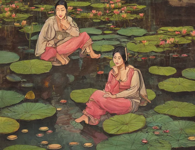 Prompt: fully clothed bard sitting next to the the lotus pond. this heavily stylized oil painting by the award - winning comic artist has interesting color contrasts, plenty of details and impeccable lighting.