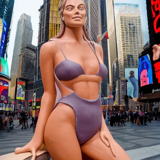 Image similar to extreme long - shot photograph of a renaissance clay sculpture of margot robbie in a swimsuit in front of times square, made by michelangelo, very detailed, sharp focus, 8 k resolution, ray tracing