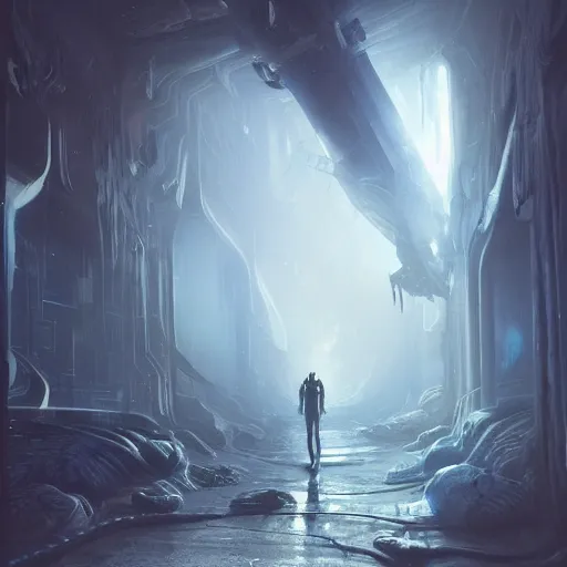 Image similar to oil painting of Unstable lightning elemental, haunted spaceship hallway, sci-fi style, horror, sharp focus, concept art, octane render, volumetric lighting, 8k high definition, art by artgerm and greg rutkowski, highly detailed, trending on artstation, close shot, sci-fi atmosphere