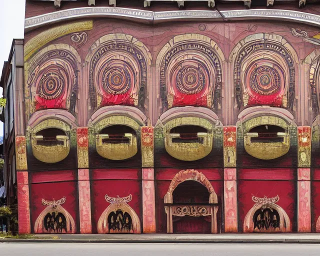 Image similar to photo of an outdoor mural of an opera house from the early 1 9 0 0 s in the style of art nouveau, red curtains, art nouveau design elements, art nouveau ornament, opera house architectural elements, painted on a brick wall, outdoor mural, mucha, masonic symbols, masonic lodge