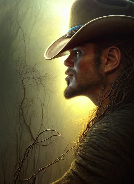 Image similar to closeup portrait shot of a cowboy in nature in a scenic dystopian environment, intricate, elegant, highly detailed, centered, digital painting, artstation, backlit, concept art, smooth, sharp focus, illustration, artgerm, tomasz alen kopera, peter mohrbacher, donato giancola, joseph christian leyendecker, wlop, boris vallejo