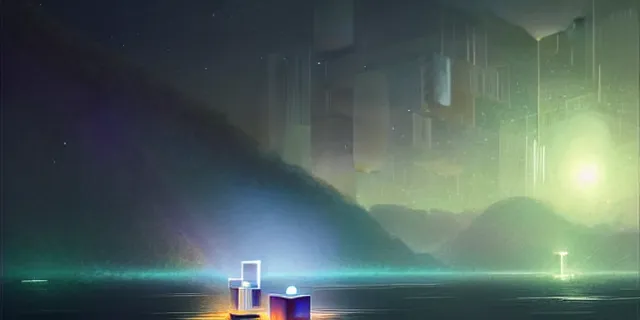 Image similar to beautiful glowing cubes all interconnected to each other with tubes, atmospheric lighting, intricate, volumetric lighting, beautiful, sharp focus, ultra detailed, in the art style of bowater, charlie, brom, gerald, lake baikal in the background, astrophotography