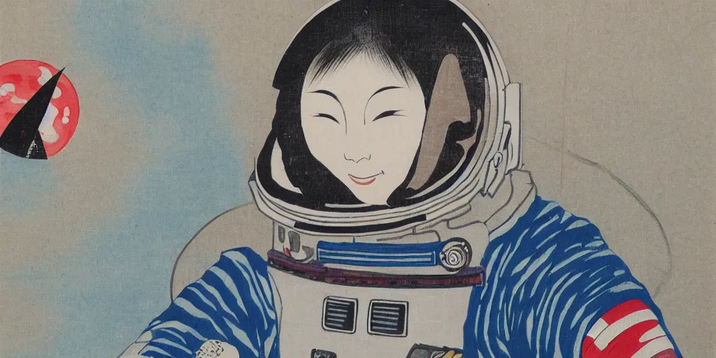 Prompt: traditional japanese painting of astronaut in space