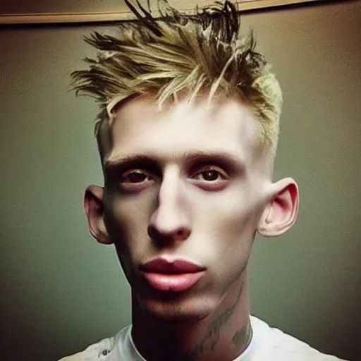 Image similar to “a realistic detailed photo of a guy who is an attractive humanoid who is half robot and half humanoid, who is a male android, rapper Machine Gun Kelly, shiny skin, posing like a statue, blank stare”