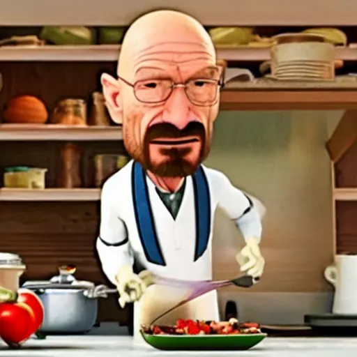 Image similar to walter white in ratatouille with rat on head while cooking