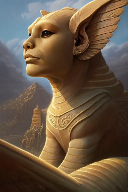 Image similar to legendary sphinx, highly detailed, d & d, fantasy, highly detailed, digital painting, trending on artstation, concept art, sharp focus, illustration, global illumination, ray tracing, realistic shaded, art by artgerm and greg rutkowski and fuji choko and viktoria gavrilenko and hoang lap, sunny