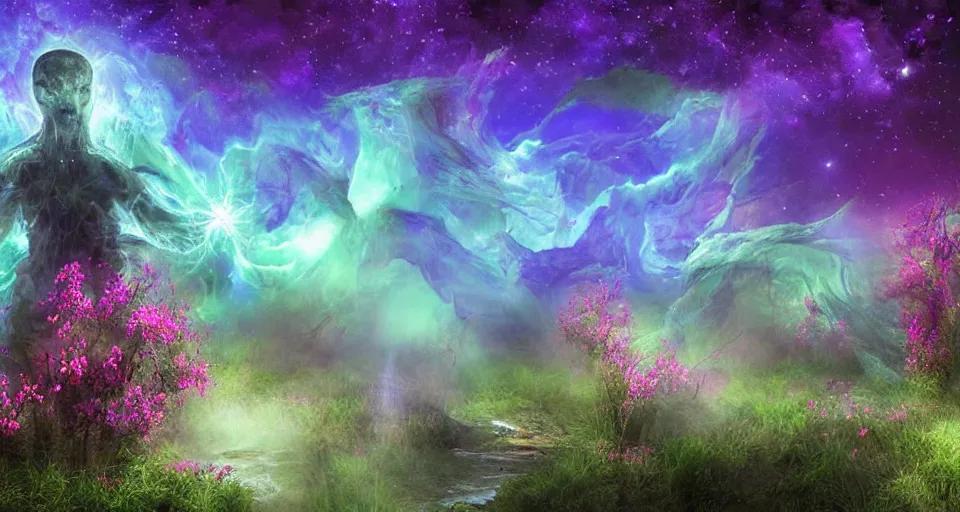 Image similar to a large alien shrine shrouded by mystic nebula magic in a field of flowers, breath - taking beautiful flowers, streams, nebula, and mist, an aesthetically pleasing, dynamic, energetic, lively, complex, intricate, detailed, well - designed digital art of magic, streams, flowers, and mist, early morning, light and shadow