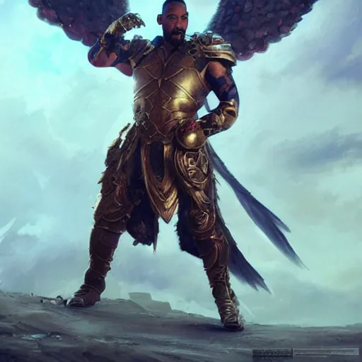 Image similar to will smith fights against demons dressed as a gladiator and with angel wings, cinematic lighting, highly detailed, concept art, art by wlop and artgerm and greg rutkowski, masterpiece, trending on artstation, 8 k