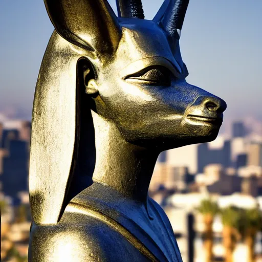 Image similar to a portrait of a statue of the Egyptian god Anubis wearing aviator goggles, white t-shirt and leather jacket. The city of Los Angeles is in the background. hi-res dslr photograph