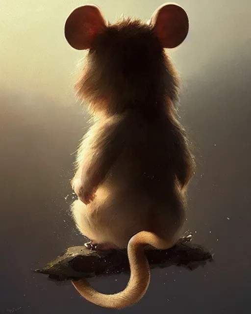 Image similar to viewed from behind, over the shoulder, a cute mouse looks upwards, viewed from behind, digital portrait by greg rutkowski, fantasy art, concept art, by disney concept artists, cinematic lighting, evening light, trending on artstation, cgsociety