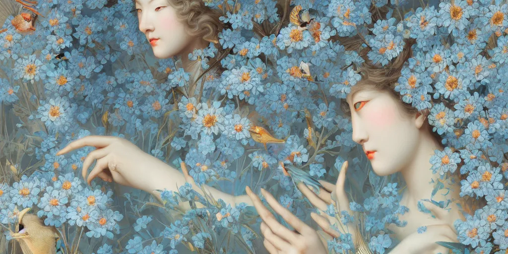 Image similar to breathtaking detailed concept art painting art deco pattern of blonde faces goddesses amalmation light - blue flowers with anxious piercing eyes and blend of flowers and birds, by hsiao - ron cheng and john james audubon, bizarre compositions, exquisite detail, extremely moody lighting, 8 k