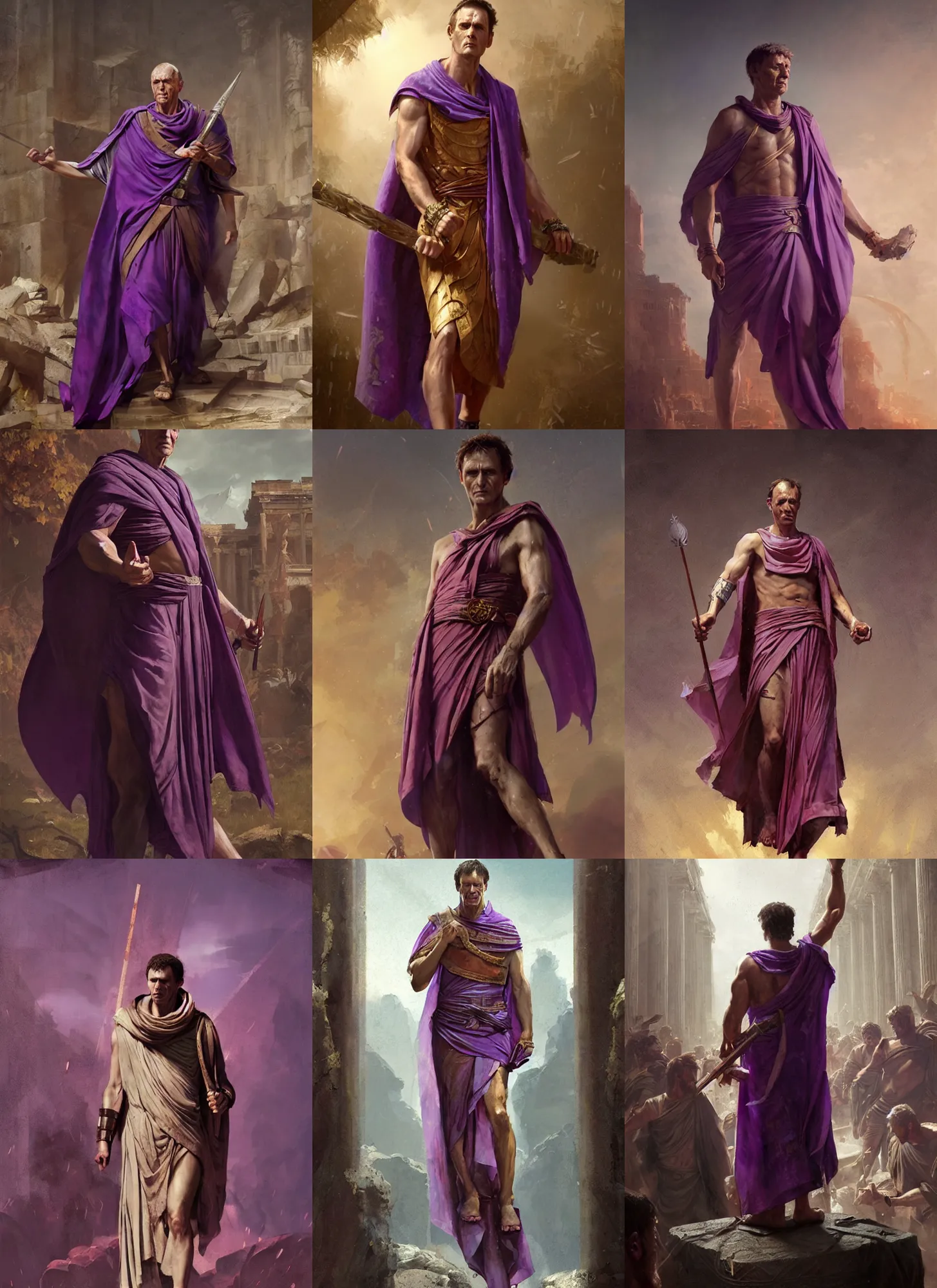 Prompt: triumphant gaius julius caesar wearing a tyrian purple roman toga, art by greg rutkowski, highly detailed, digital painting, sharp focus, illustration