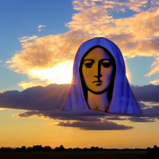 Image similar to sunset clouds in shape of a giant virgin mary ( 1 0 ) face like toast