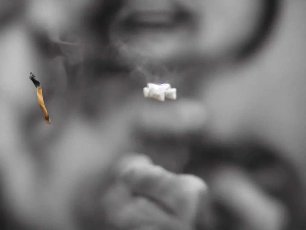 Prompt: Close-up view of hyperrealistic thin soft hand holding cigarette with smoke, photo by Tim Booth, 4K