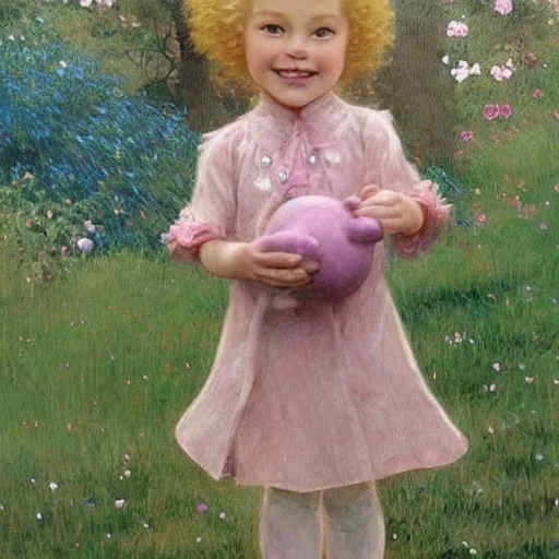 Image similar to a beautiful smiling little [[[[[[[[blonde toddler]]]]]]]]] girl with short loosely curly hair, at the park on a beautiful day, holding a round all-pink stuffed penguin, by Artgerm, Mucha Klimt, Hiroshi Yoshida and Craig Mullins, featured on Artstation, CGSociety, Behance HD, Deviantart