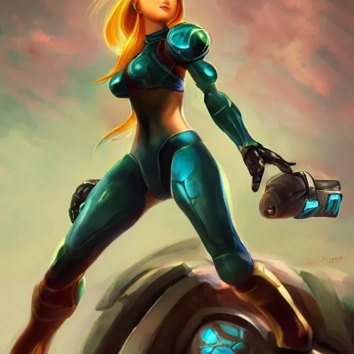 Image similar to portrait of beautiful Samus Aran, League of Legend illustration by Sam Youn:3, profile picture by Gil Elvgren:3, asymmetrical, Organic Painting, Ambient Occlusion:3, Matte Painting, bold shapes, hard edges, street art, trending on artstation, realistic:2 by Rob Rey:5