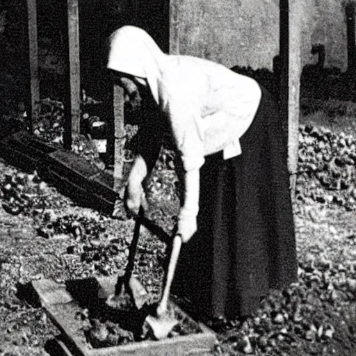 Image similar to antique photograph of an evil catholic nun digging out human bones in a graveyard, night, blurry, mysterious, horror real photo,