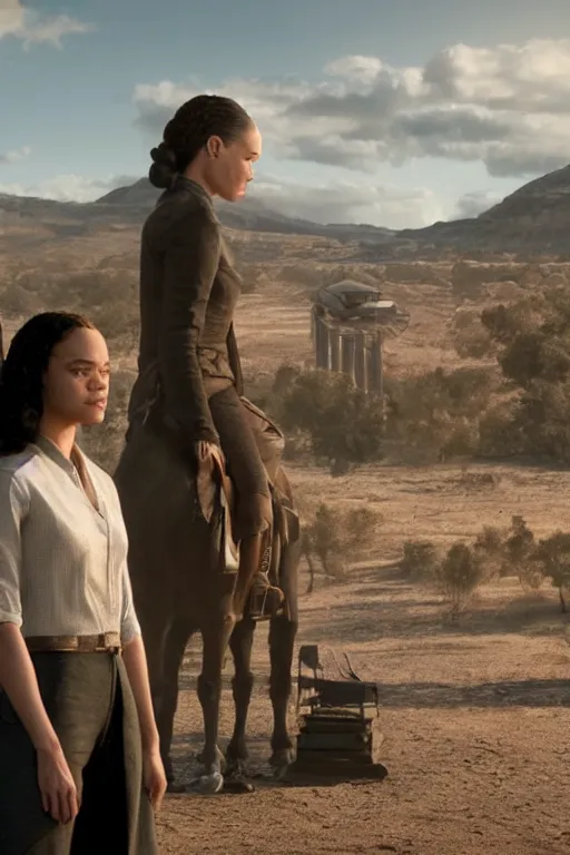 Image similar to Tessa Thompson and Evan Rachel Wood star in HBO's Westworld, 3d render, Pixar