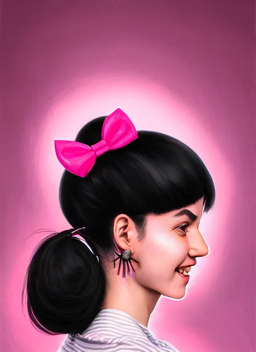 Image similar to portrait of high school girl, realistic, black hair, bangs, half updo hairstyle, pointy nose, skinny, smile, ugly, defined jawline, big chin, pink hair bow, earrings, intricate, elegant, glowing lights, highly detailed, digital painting, artstation, sharp focus, illustration, art by wlop, mars ravelo and greg rutkowski