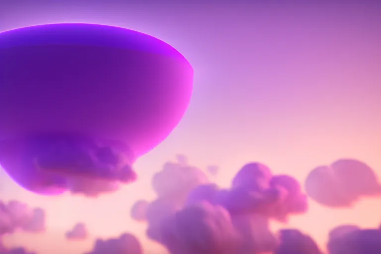 Image similar to huge purple diamond hovering in lavender clouds, turquoise horizon, smooth gradients, octane render, 8 k, volumetric lightning