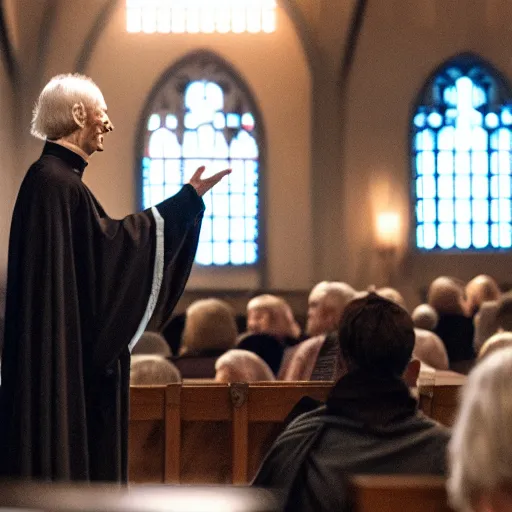 Image similar to emperor palpatine preaching to people at church, 8k cinematic lighting, very sharp detail, anatomically correct