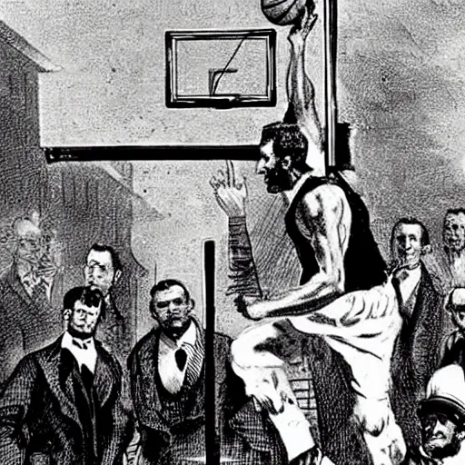 Prompt: Abraham Lincoln dunking an alley-oop lob at Dunkademics