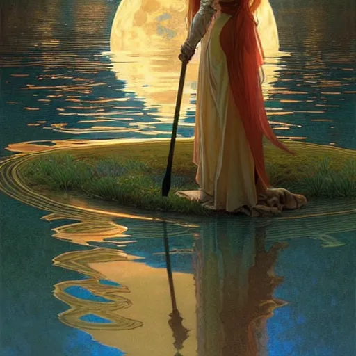 Image similar to a magic sword rising from the middle of a lake under a giant full moon, rippling reflections, romantic, cinematic, intricate, elegant, highly detailed, artstation, concept art, smooth, sharp focus, art by alphonse mucha and Monia Merlo and Raymond Swanland