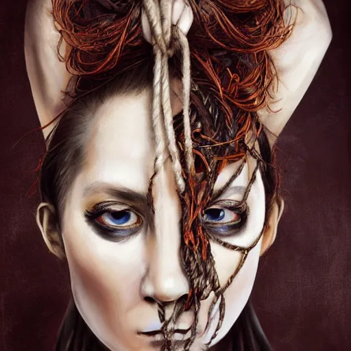 Image similar to portrait of a Shibari rope wrapped face and neck, headshot, insanely nice professional hair style, dramatic hair color, digital painting, of a old 17th century, old cyborg merchant, amber jewels, baroque, ornate clothing, scifi, realistic, hyperdetailed, chiaroscuro, concept art, art by Franz Hals and Jon Foster and Ayami Kojima and Amano and Karol Bak,