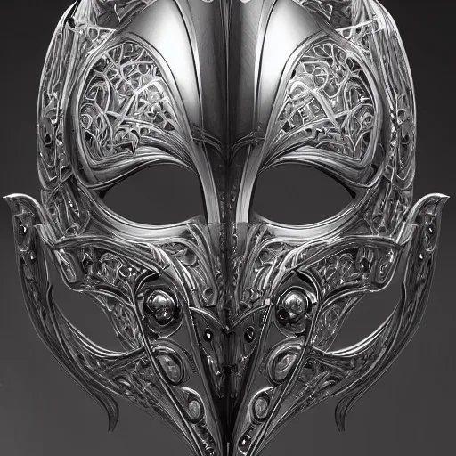 Image similar to centered detailed metal mask made with intricate filigree, satisfying cable management, triadic chrome shading. great details, fantasy artwork by artgerm and tyler edlin and rhads trending on cgsociety, trending on artstation