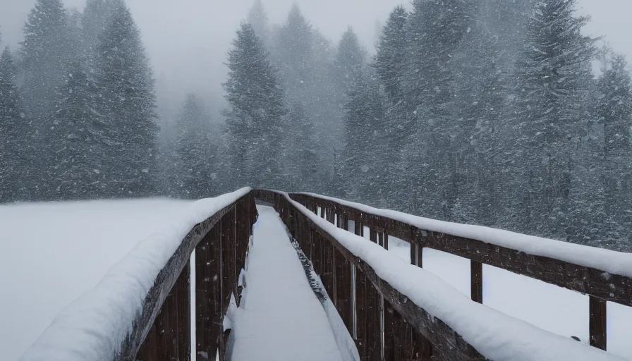 Prompt: wooden guardrails covered by snow in beautiful winter landscape. fog, snowstorm, photorealistic rendering, octane, depth of field, blurry