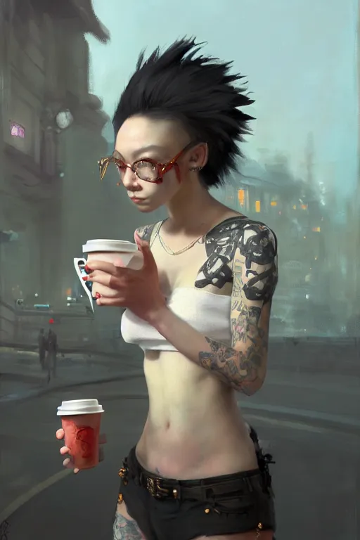 Image similar to portrait of a punk girl on a date with pepe! the frog! drinking coffee in the style of fenghua zhong and ruan jia and jeremy lipking and peter mohrbacher, extremely detailed digital painting, 8 k