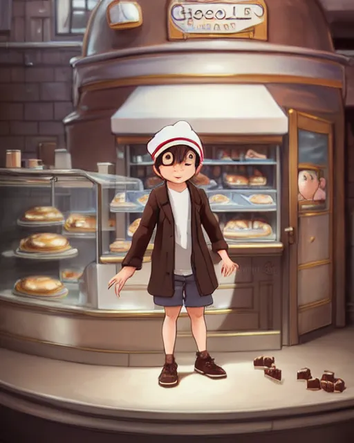 Image similar to a boy as personification of chocolate cupcake, cute hats, unreal engine, highly detailed, digital illustration by artgerm, tooth wu, studio ghibli, deviantart, sharp focus, artstation, he is standing inside a fantasy bakery by greg rutkowsky, sweets, dog