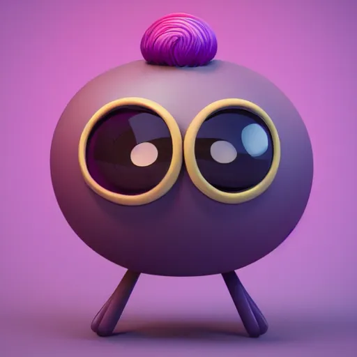 Image similar to photo of a comically tiny clay model of character with large spherical purple head and large childlike eyes with comically tiny body and spindly limbs leans close to the camera, fish eye lens, 4 k, hyper realistic, hyper detailed face, octane render, comedic, cute