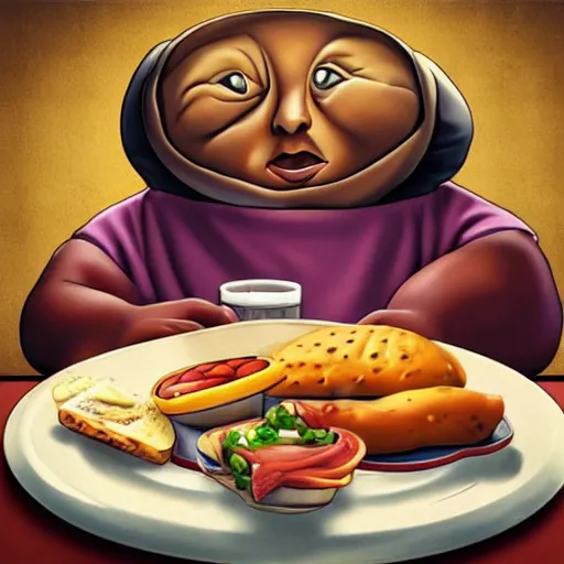 Prompt: fat e. t in a diner with a table full of plates with leftovers, photorealistic