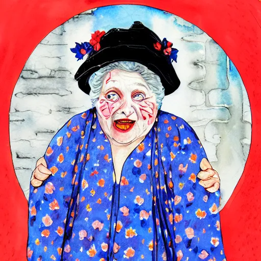 Prompt: of a very funny graffiti style watercolor painting of a sweet fat old woman is in love with her self. flowery dress. symmetrical face, red mouth, blue eyes. a flowery dress. deep focus, lovely scene. a very funny and sweet picture. unreal engine. pencil and ink. goya painting style.