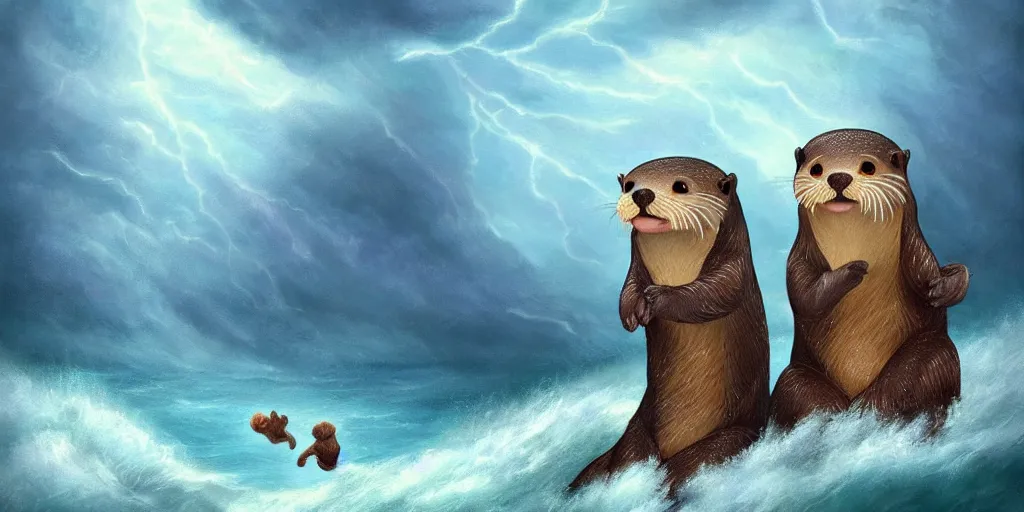 Image similar to beautiful fantasy illustration of a pair of adorable otters falling in love holding hands in a huge storm at sea cinematic dreamlike detailed trending on artstation masterpiece